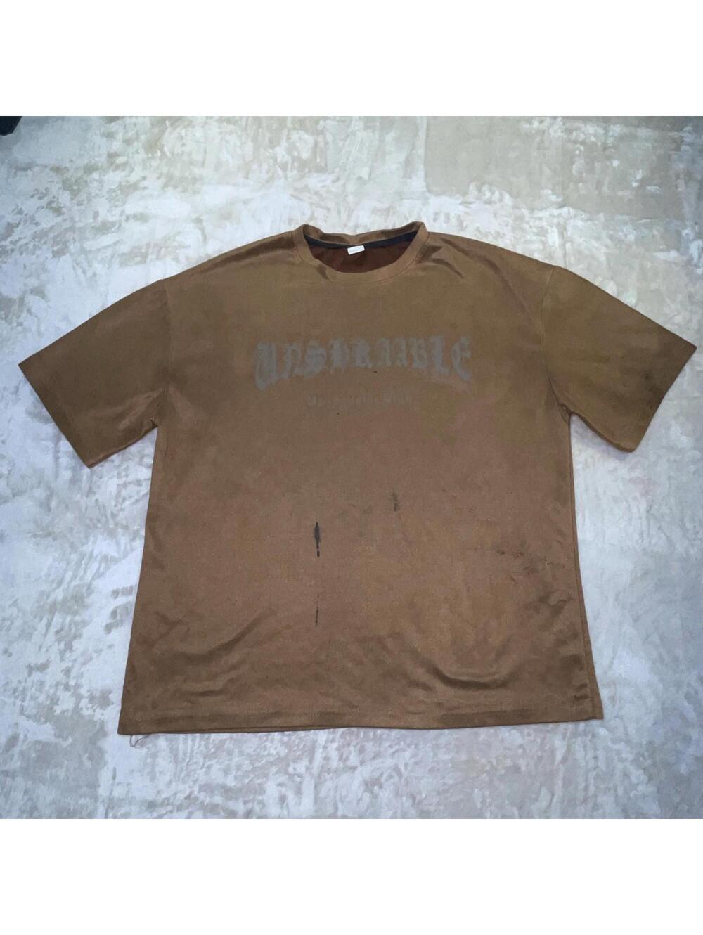 “Unsbakable Club” T-Shirt Soft Faux Suede Fabric Men’s Brown T-Shirt Sz L *READ*